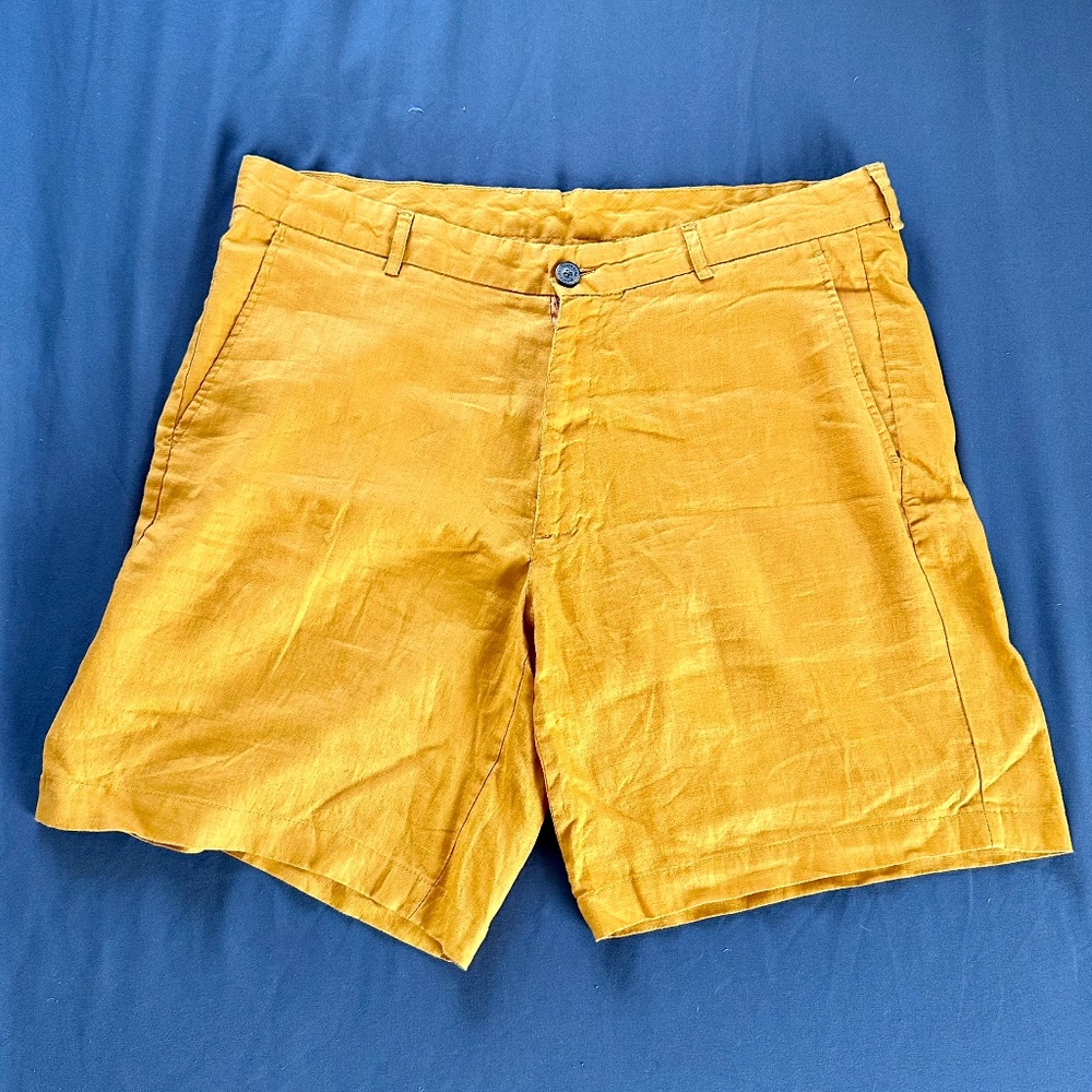 Tasso Elba Men's Linen Flat Front Dress Shorts Yellow Orange 36
